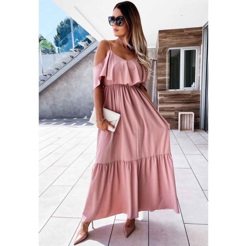 Pink Short Sleeve Cold Shoulder Tiered Long Flowy Maxi Dress
